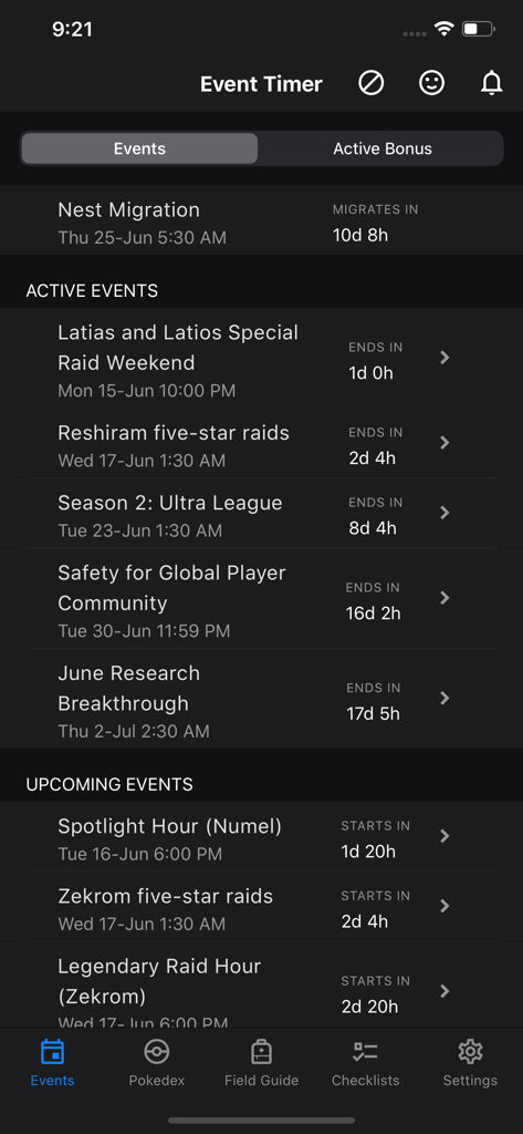 GO Field Guide event timer screen with countdowns for pokemon go events