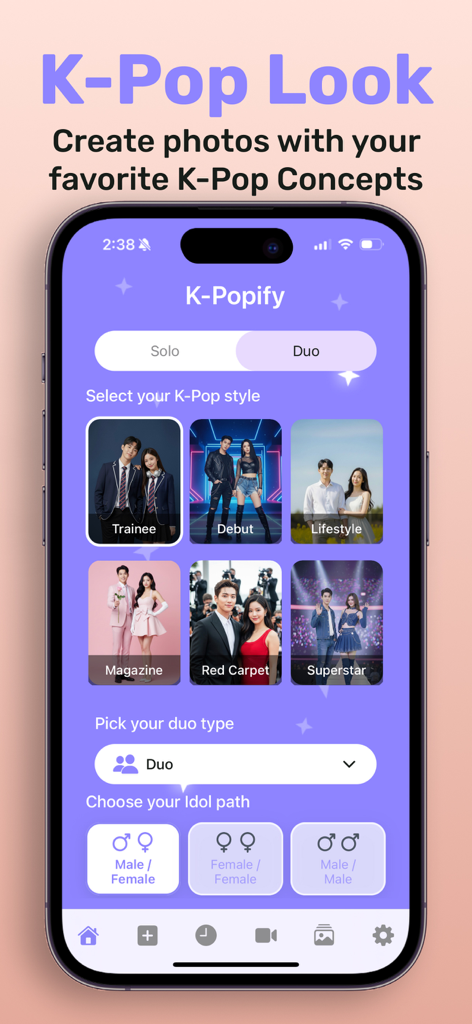 K-Popify: K-Pop Photo Studio - Interface do aplicativo K-Popify mostrando estilos de ídolo K-Pop e opções de seleção de fotos em dupla