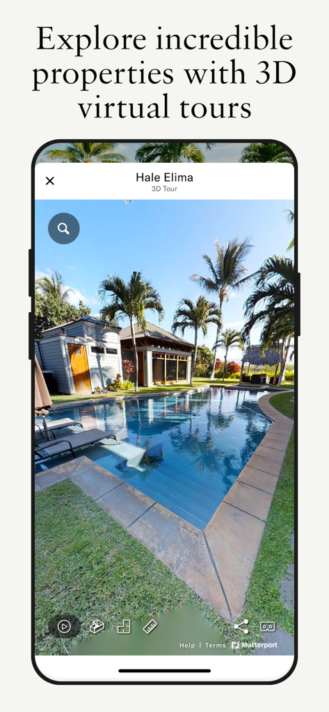 3D virtual tour of a luxury villa pool area in the Inspirato app