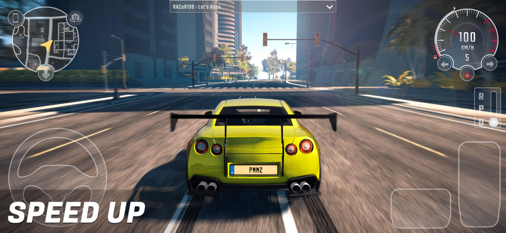 A yellow sports car driving through a city in Parking Master Multiplayer 2 with next-gen graphics