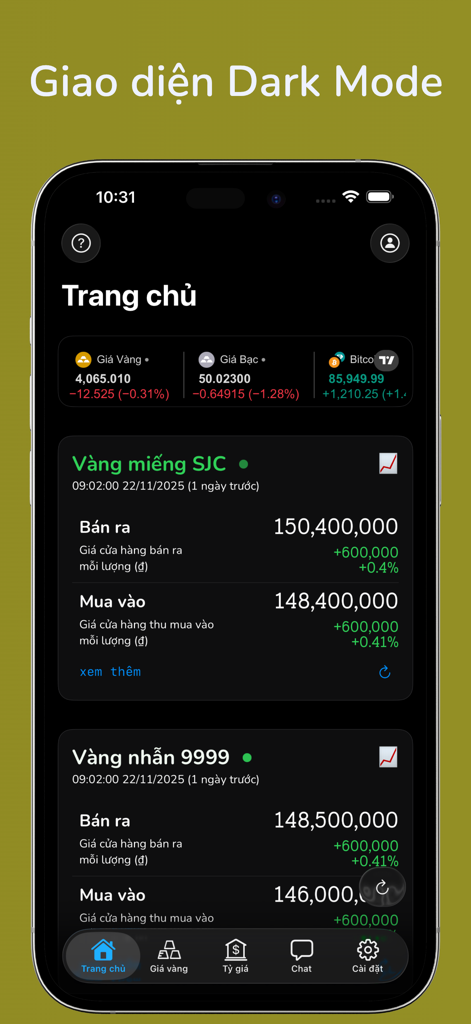 Giá Vàng - Tỷ Giá Ngoại Tệ - Mobile app interface showing SJC gold prices in dark mode with buy and sell rates