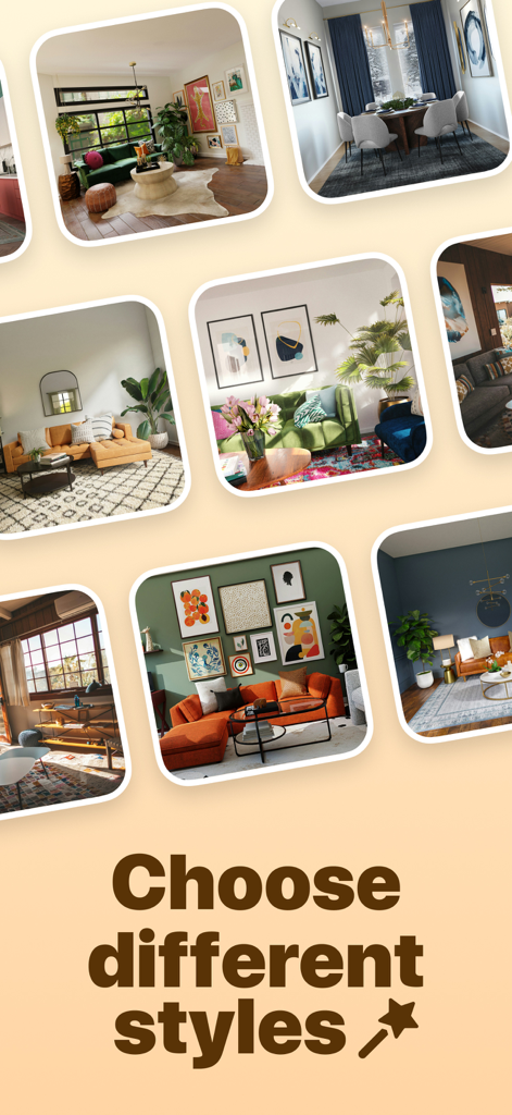 Un collage de divers styles de décoration intérieure et d'agencements de pièces disponibles dans l'application Ai Home Design.