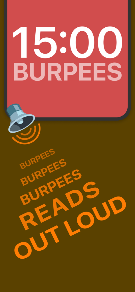 Interval Timer Plus screenshot showing a red screen with a 15-minute timer for burpees and a voice readout feature indicator