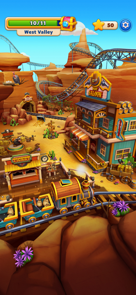 Wonder Blast - A Wild West themed section of Wonderville theme park in the Wonder Blast game featuring a saloon and roller coaster