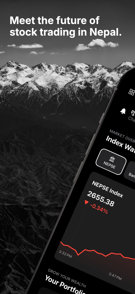 Nepsense app interface showing the NEPSE Index with a Himalayan mountain background.
