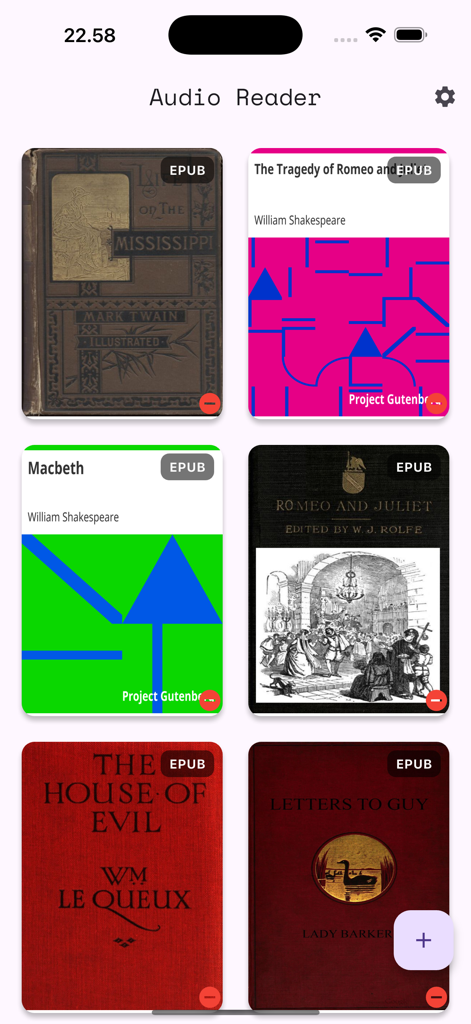 Audio Reader - EPUB to Audio - A library grid view in the Audio Reader app showing several imported EPUB book covers like Macbeth and Romeo and Juliet