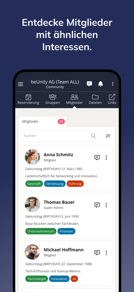 beUnity App-Bildschirmaufnahme, die eine Liste von Community-Mitgliedern mit Profilen und Interessen-Tags für Networking zeigt.