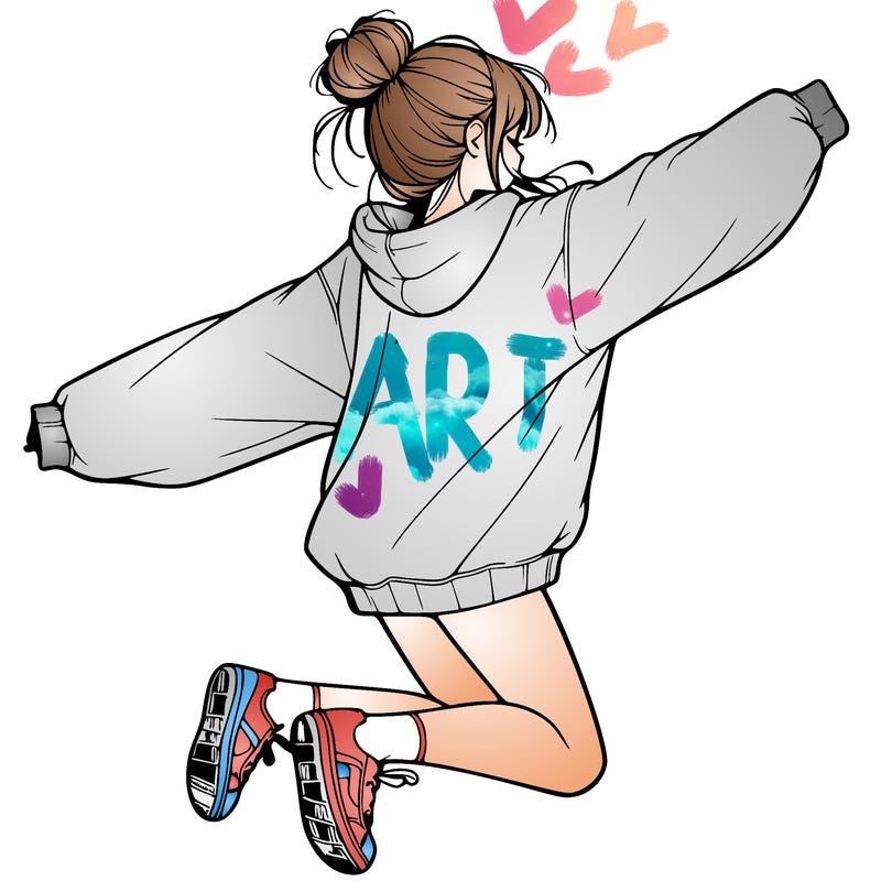 realistic girl jumping with a bun and oversized sweatshirt
