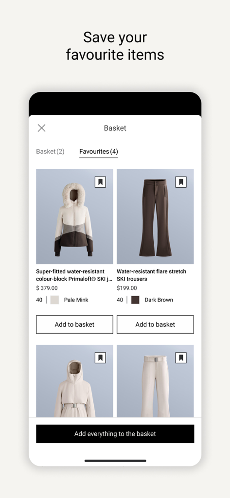 Screenshot dell'app OYSHO che mostra l'abbigliamento da sci salvato nella sezione preferiti