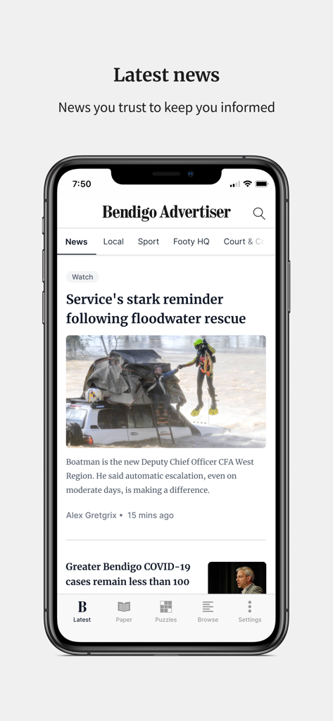 Bendigo Advertiser - Screenshot of the Bendigo Advertiser mobile app interface showing latest local news headlines and articles.