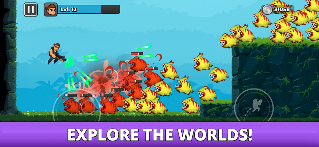 Mr Autofire character shooting green lasers at alien monsters in a jungle level