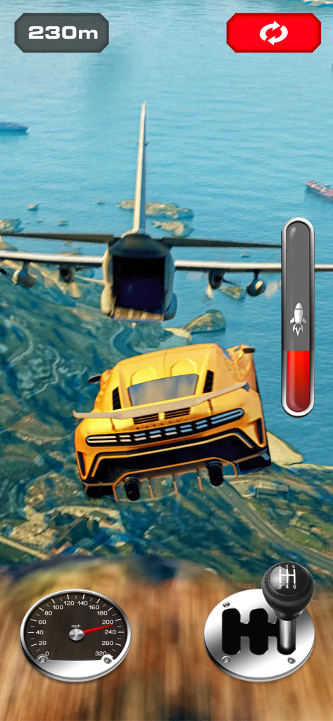 Jump into the Plane - Un coche deportivo amarillo realizando un salto en el aire hacia la bodega de carga de un avión en vuelo.