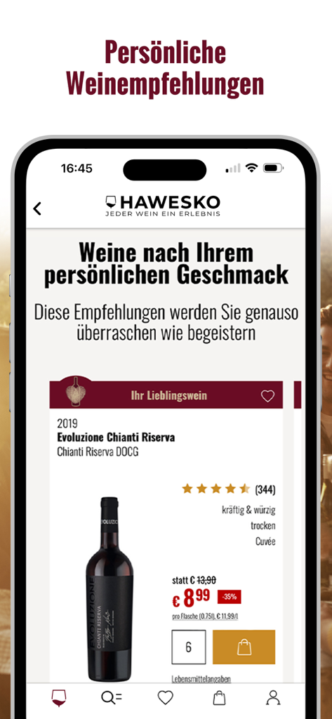 Aplicación móvil Hawesko que muestra recomendaciones de vino personalizadas y ofertas de vino tinto con descuento.