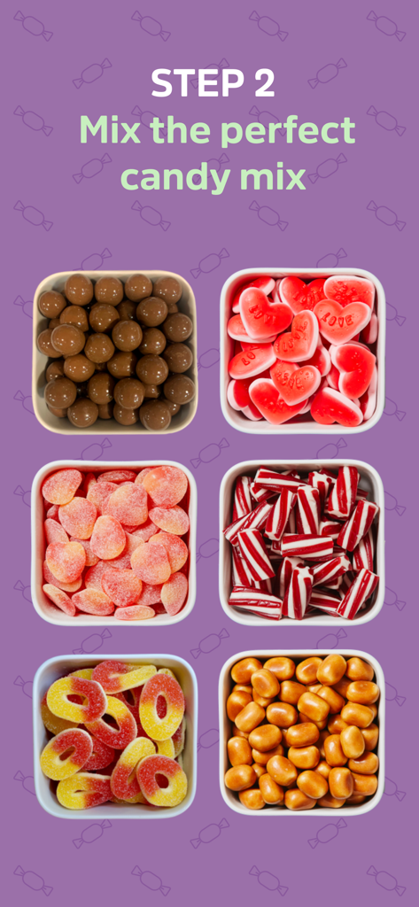 CandyExpress Candy app - Step 2 of the CandyExpress app showing a variety of colorful Swedish candies to create a custom mix