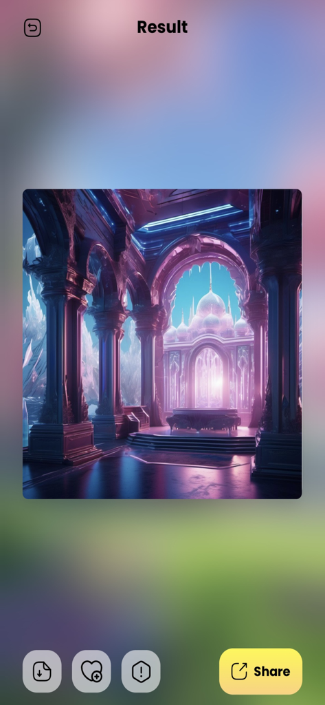 Aura AI - Art generator - A futuristic purple and blue fantasy palace generated by Aura AI Art Generator app interface