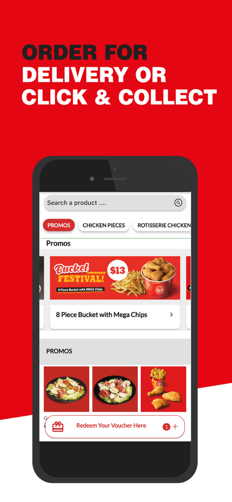 Interfaz de la aplicación móvil Dial A Delivery 2.0 que muestra ofertas de comida y opciones de pedido