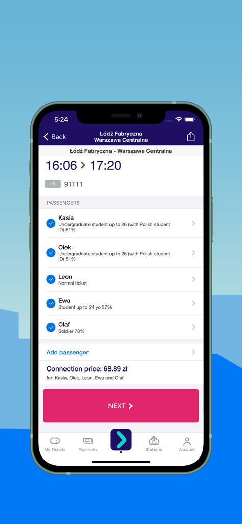 KOLEO mobile app interface showing a list of selected passengers and the total connection price for a train journey from Lodz to Warsaw