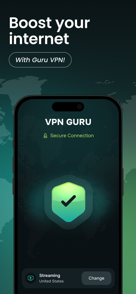 Guru VPN: Super Fast Unlimited - App Guru VPN en un smartphone mostrando un escudo de conexión segura y texto "Mejora tu internet"