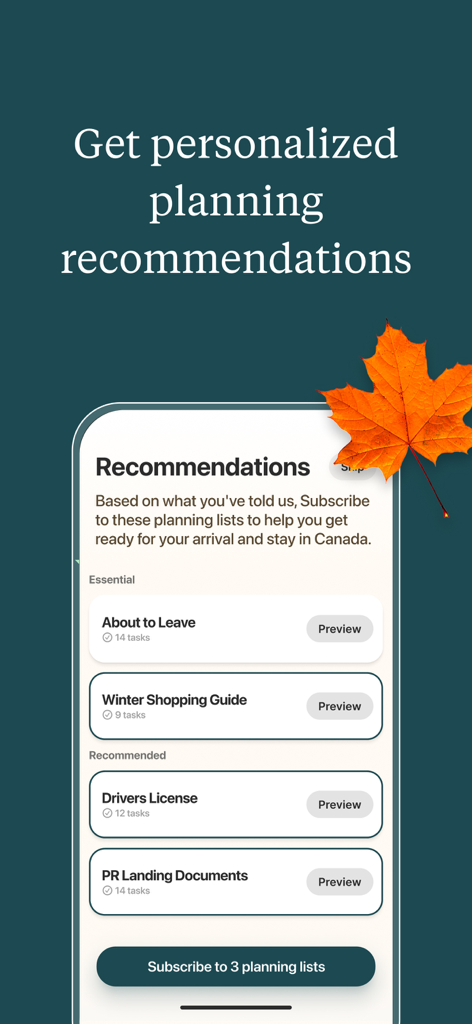 My Beacon - My Beacon app screen showing personalized planning lists for immigrants to Canada including winter shopping and landing documents