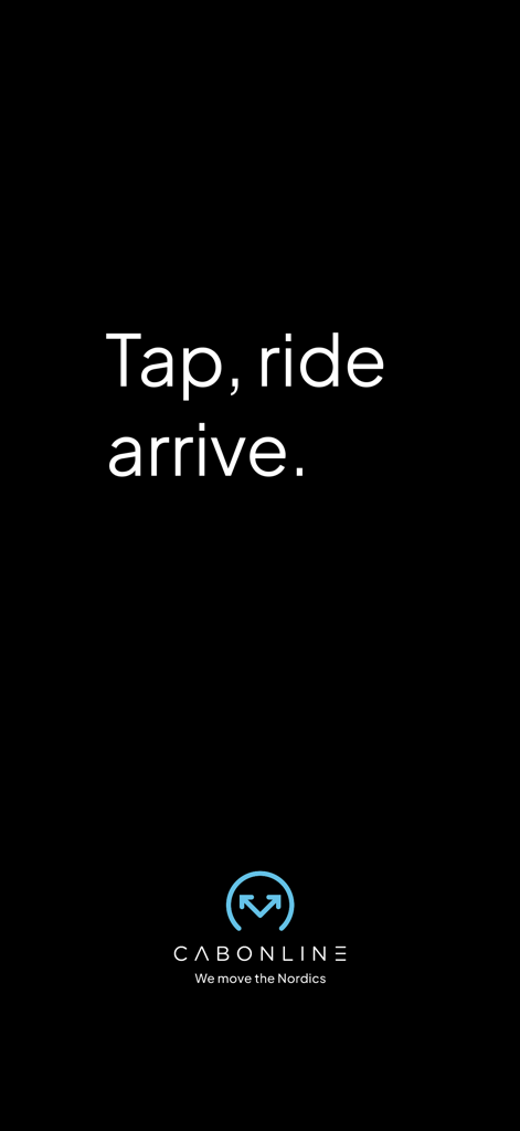 Taxi Cabonline - Pantalla introductoria de la aplicación Taxi Cabonline que muestra el eslogan Tap ride arrive y el logotipo de la empresa.