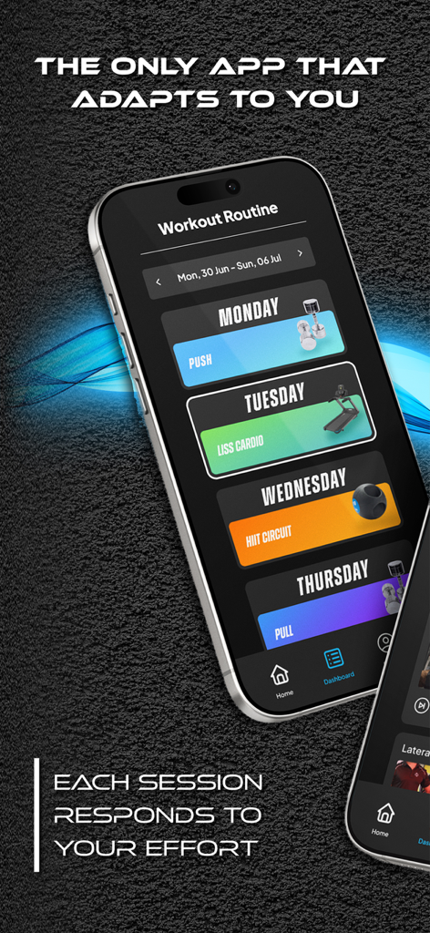 Spade.Fit - Adaptive Workouts - Spade.Fit smartphone app displaying a weekly workout routine dashboard with push, cardio, and HIIT sessions that adapt to user effort.