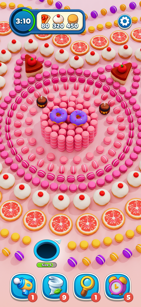 Hole Stars mobile game screen showing a black hole and colorful dessert items
