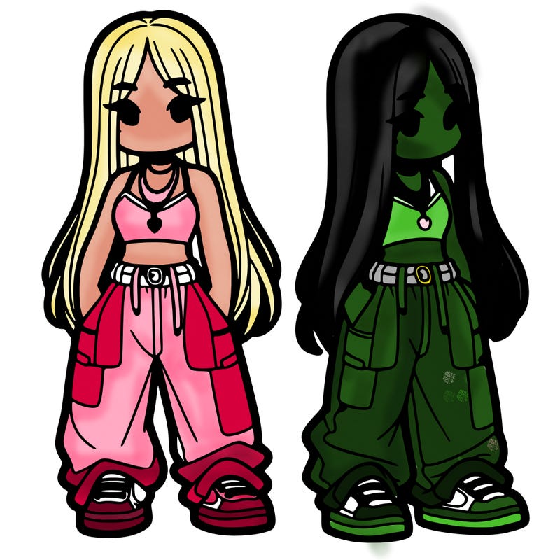 girl in baggy pants crop top and long hair