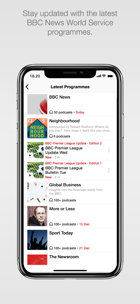 BBC World Service mobile app interface displaying a list of news and business programmes