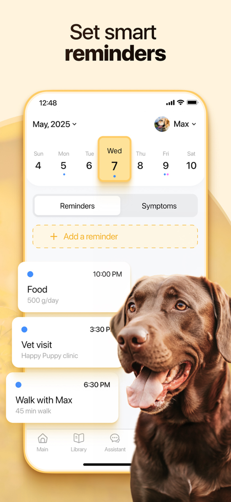 Dosty app interface showing scheduled reminders for dog feeding vet visits and walks on a calendar view