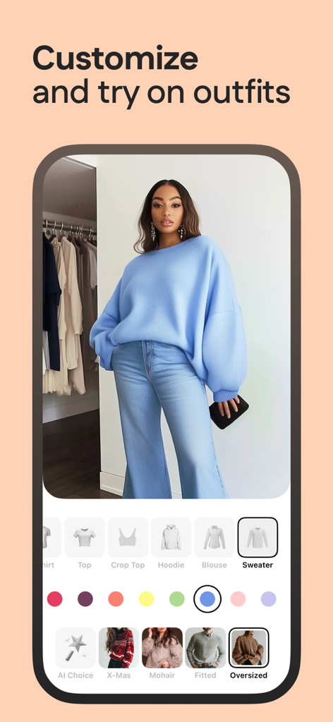 My Color Analysis・AI StyleLab - Smartphone screen of My Color Analysis app showing a woman trying on a blue oversized sweater using AI
