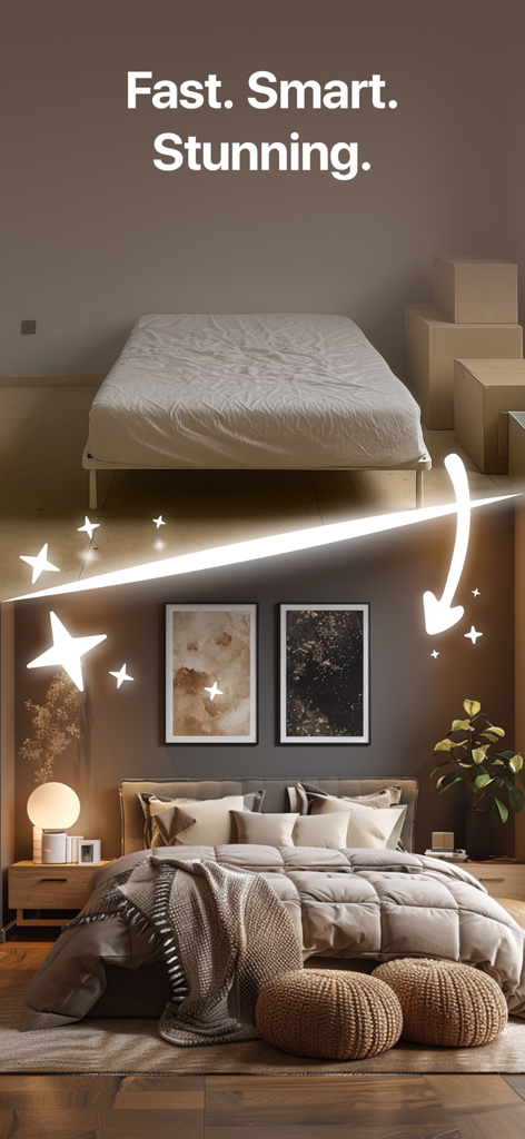 Before and after comparison of an empty bedroom being transformed into a stylishly decorated room with the Home Planner app.