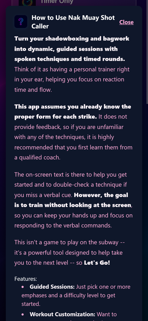 Shot Caller Nak Muay - Una pantalla de ayuda que explica cómo usar la aplicación Shot Caller Nak Muay para sesiones de entrenamiento guiadas de shadowboxing y bagwork.