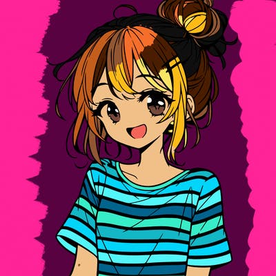 anime girl teenager striped shirt and smile and messy bun