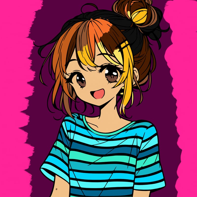 anime girl teenager striped shirt and smile and messy bun