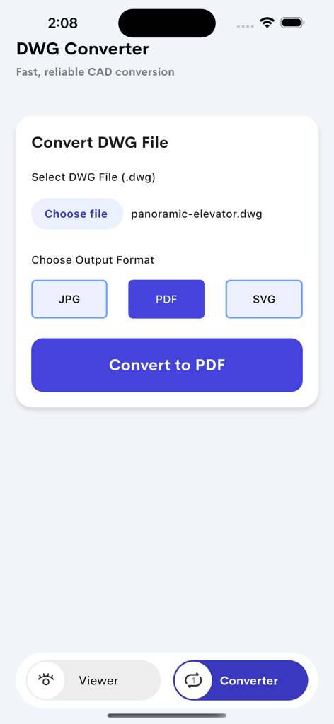 Interface of the DWG Converter app showing options to convert a CAD file to PDF, JPG, or SVG