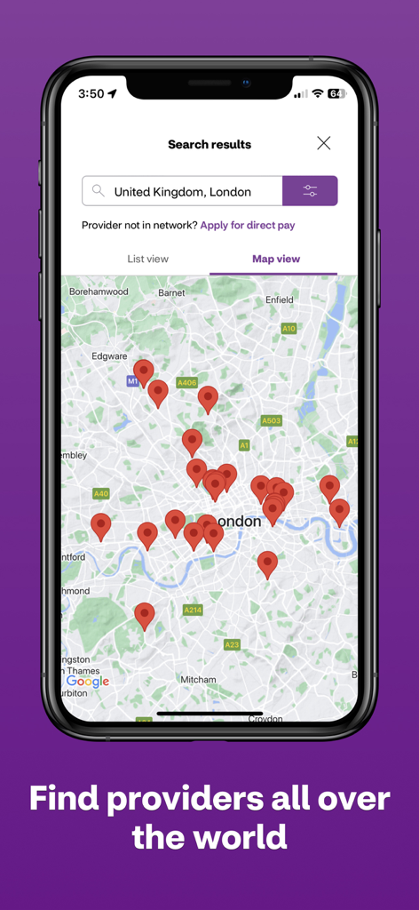 Aetna International app interface displaying a map of healthcare providers in London.