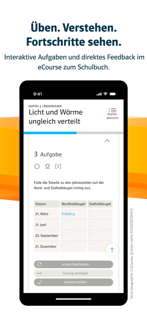 Klett Lernen App-Oberfläche mit einer interaktiven Geografieübung mit deutschem Text