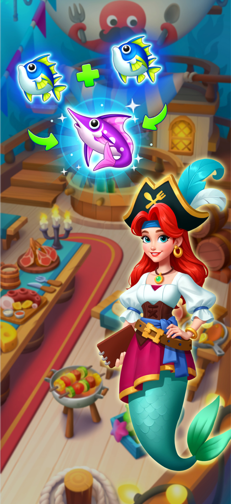 Merge Ocean - Cooking & Decor - A mermaid character in pirate attire demonstrating a fish merge mechanic in an aquarium restaurant.