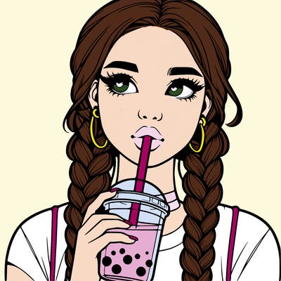 realistic girl with braided hair drinking boba