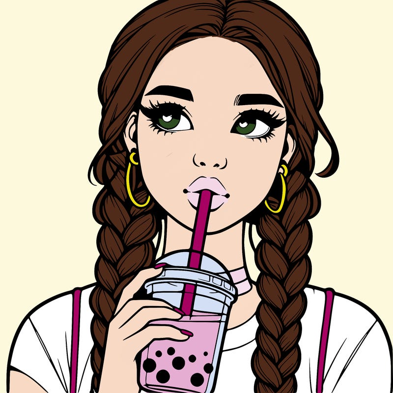 realistic girl with braided hair drinking boba