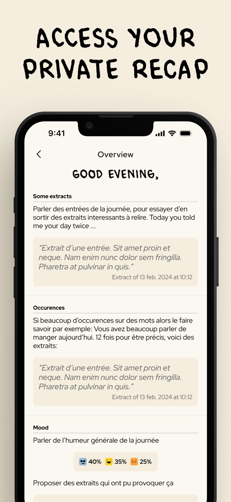 Una pantalla de smartphone que muestra un resumen privado diario en la aplicación Mi Diario, incluyendo porcentajes de seguimiento de estado de ánimo y extractos del diario.