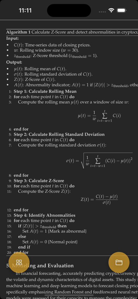 PDF Dark - Mobile interface of PDF Dark app showing a technical document with mathematical formulas in eye friendly dark mode
