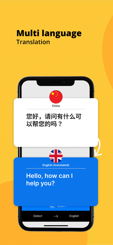 Photo Translatorアプリで中国語から英語への翻訳を表示しているスマートフォンの画面