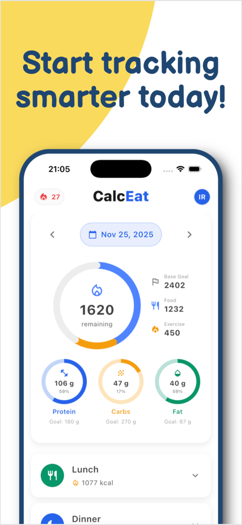 CalcEat - AI Calorie Tracker - Panel de control del rastreador de calorías con IA de CalcEat que muestra los objetivos diarios de calorías y macronutrientes