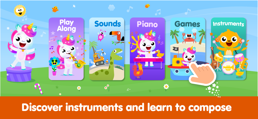 Kids Piano Fun: Music Games - Main menu screen of the Kids Piano Fun app showing different activities like Play Along Sounds Piano Games and Instruments with colorful cartoon characters