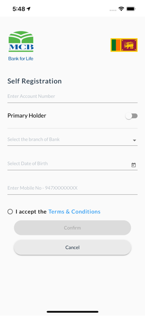 MCB Sri Lanka Mobile Banking - MCBスリランカ モバイルバンキングのセルフ登録画面