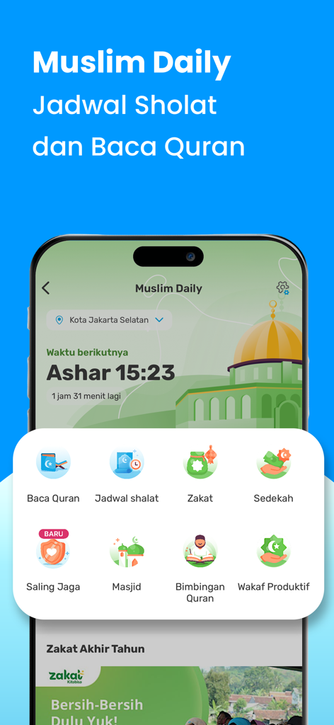 Kitabisa: Donasi, Zakat, Wakaf - Interfaccia dell'app Kitabisa che mostra gli orari di preghiera e le icone dei servizi per la lettura di zakat e corano