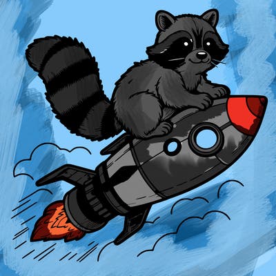 realistic raccoon flying on top rocket ship