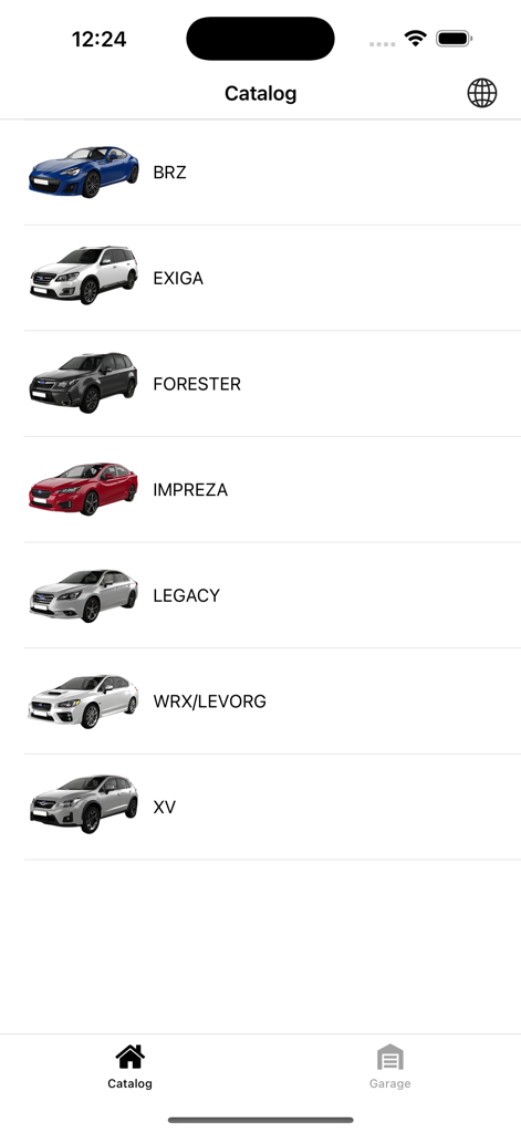 Catalog of Subaru car models in the mobile app for parts selection