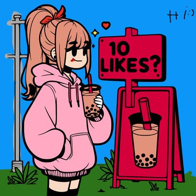 girl with oversized hoodie drinking boba and she has a high ponytail with a sign that says 10likes?